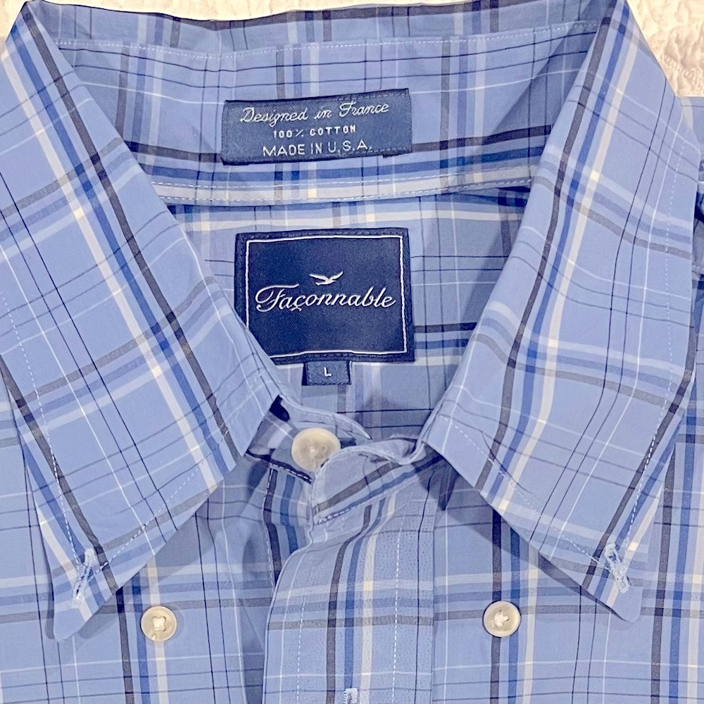 Faconnable Men Blue Plaid Short Sleeve Lightweight Size L Button Down